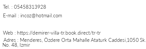 Demirer Villa telefon numaralar, faks, e-mail, posta adresi ve iletiim bilgileri
